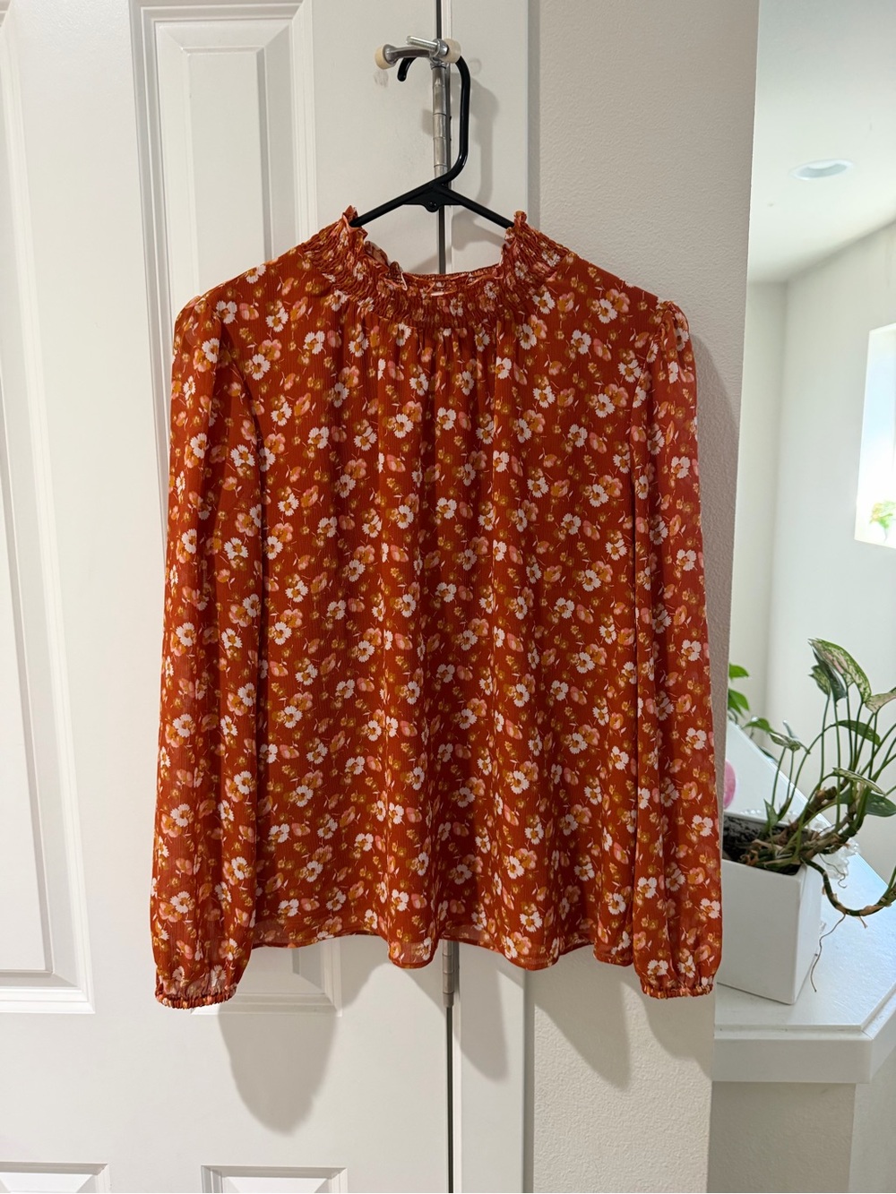 J. Crew Rust Floral Smocked-Neck Long-Sleeve Blouse